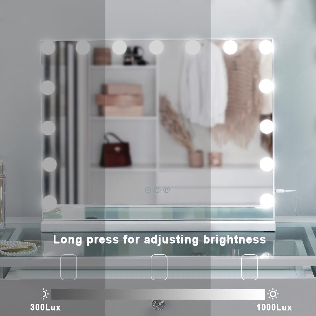 Vanity Mirror with Lights, Mirror with 15 Dimmable LED Bulbs for Dressing Room & Bedroom