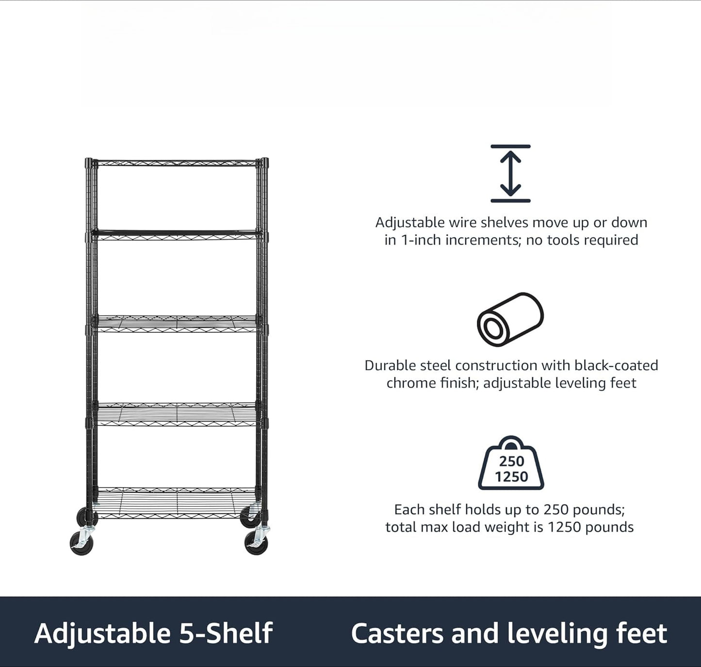 5-Shelf Adjustable, Heavy Duty Storage Shelving Unit on 4'' Wheel Casters, Metal Organizer Wire Rack