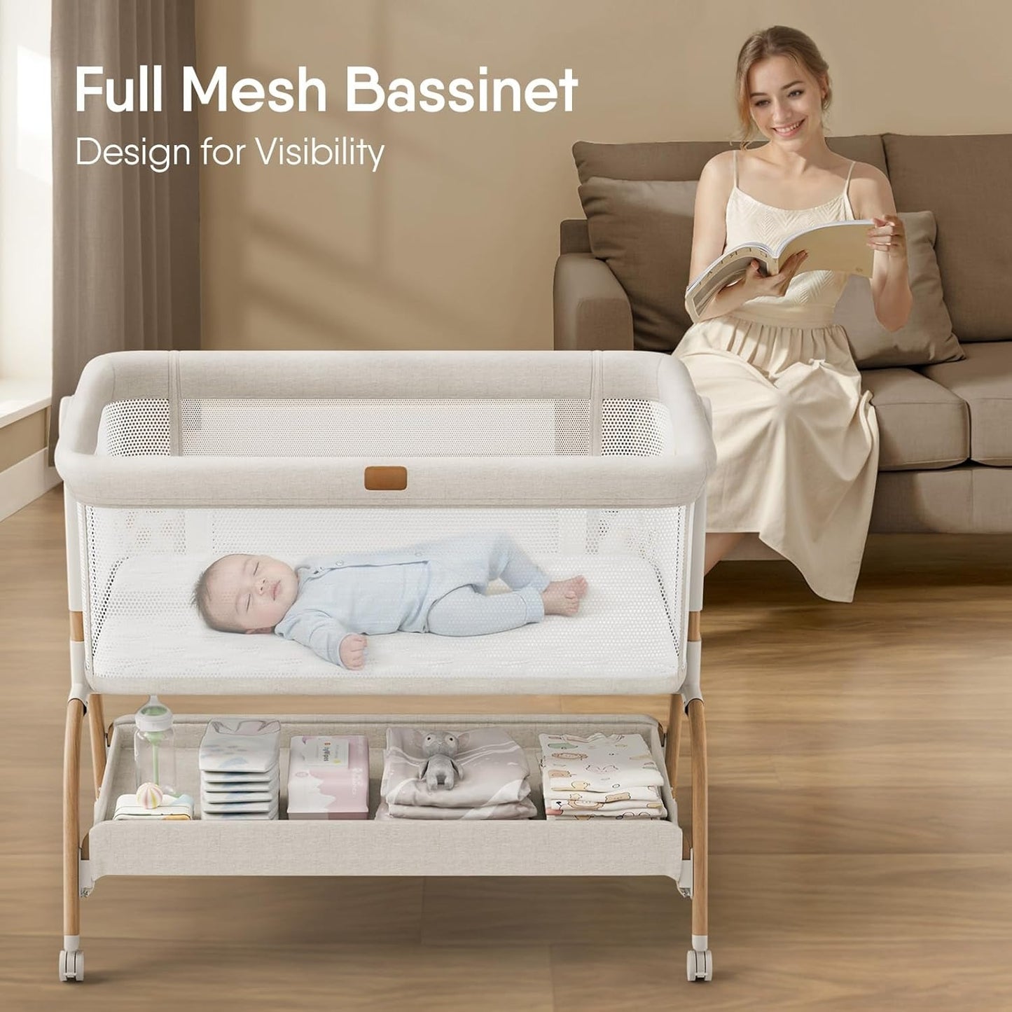 3-in-1 Baby Bassinet Bedside Sleeper with Mattress and Soft, Breathable Sheet, Full-Mesh Sides