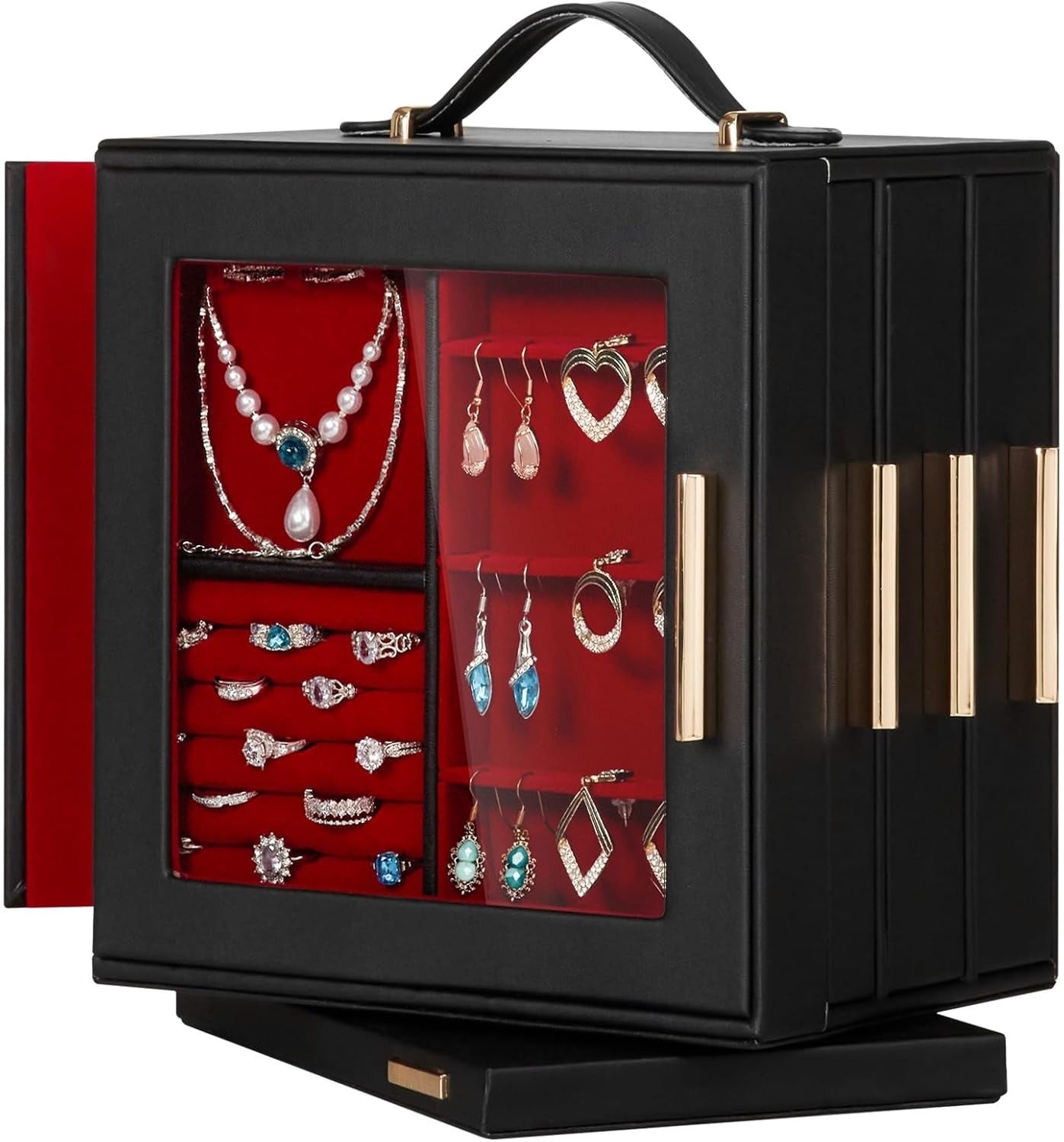 Jewelry Box 360° Rotating, Necklace Earring Organizer with Transparent Window, Mirror, 7 Drawers