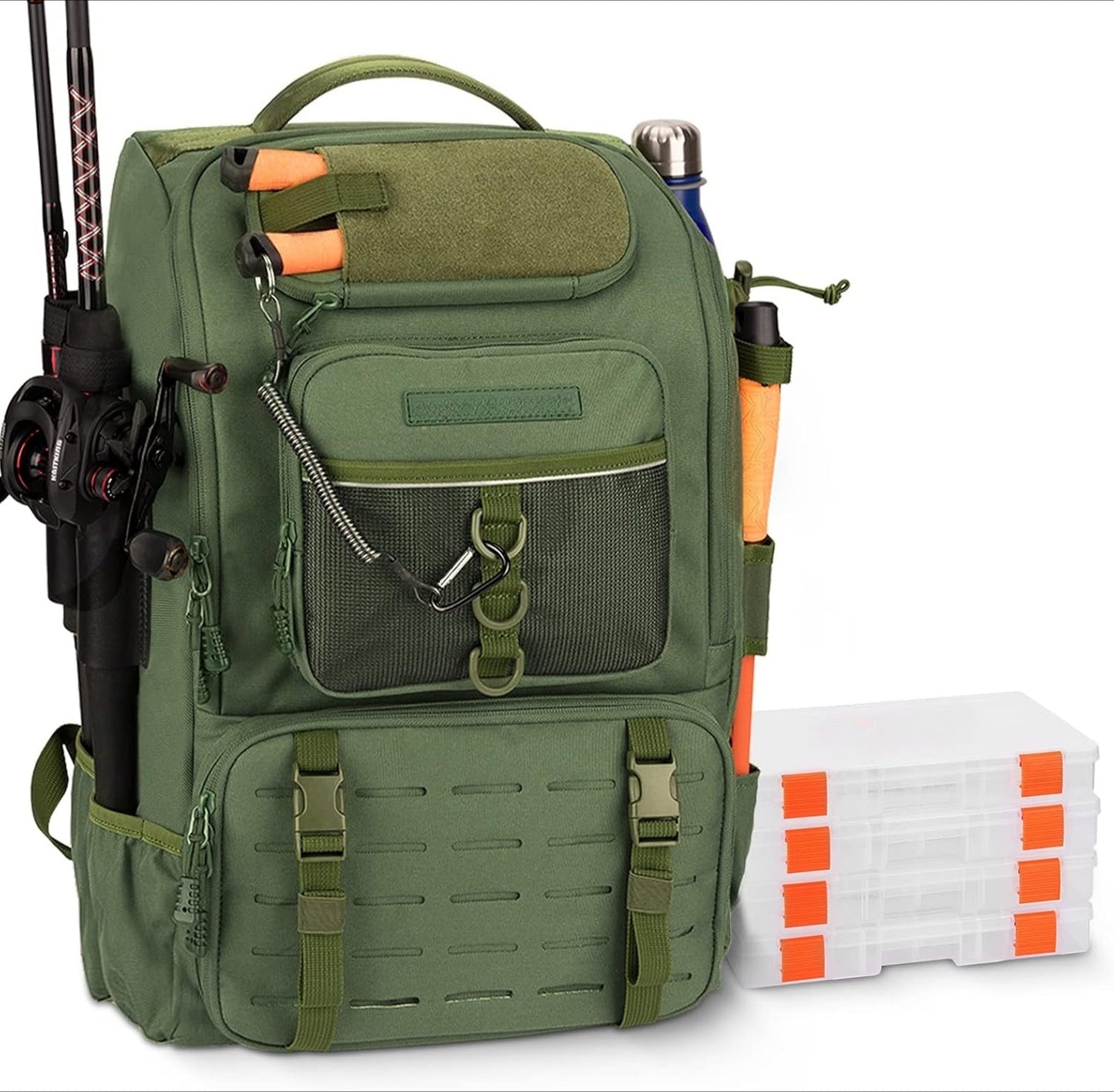 Fishing Tackle Backpack with Rod Holder 4 Tackle Boxes, Storage Fishing Gear and Equipment