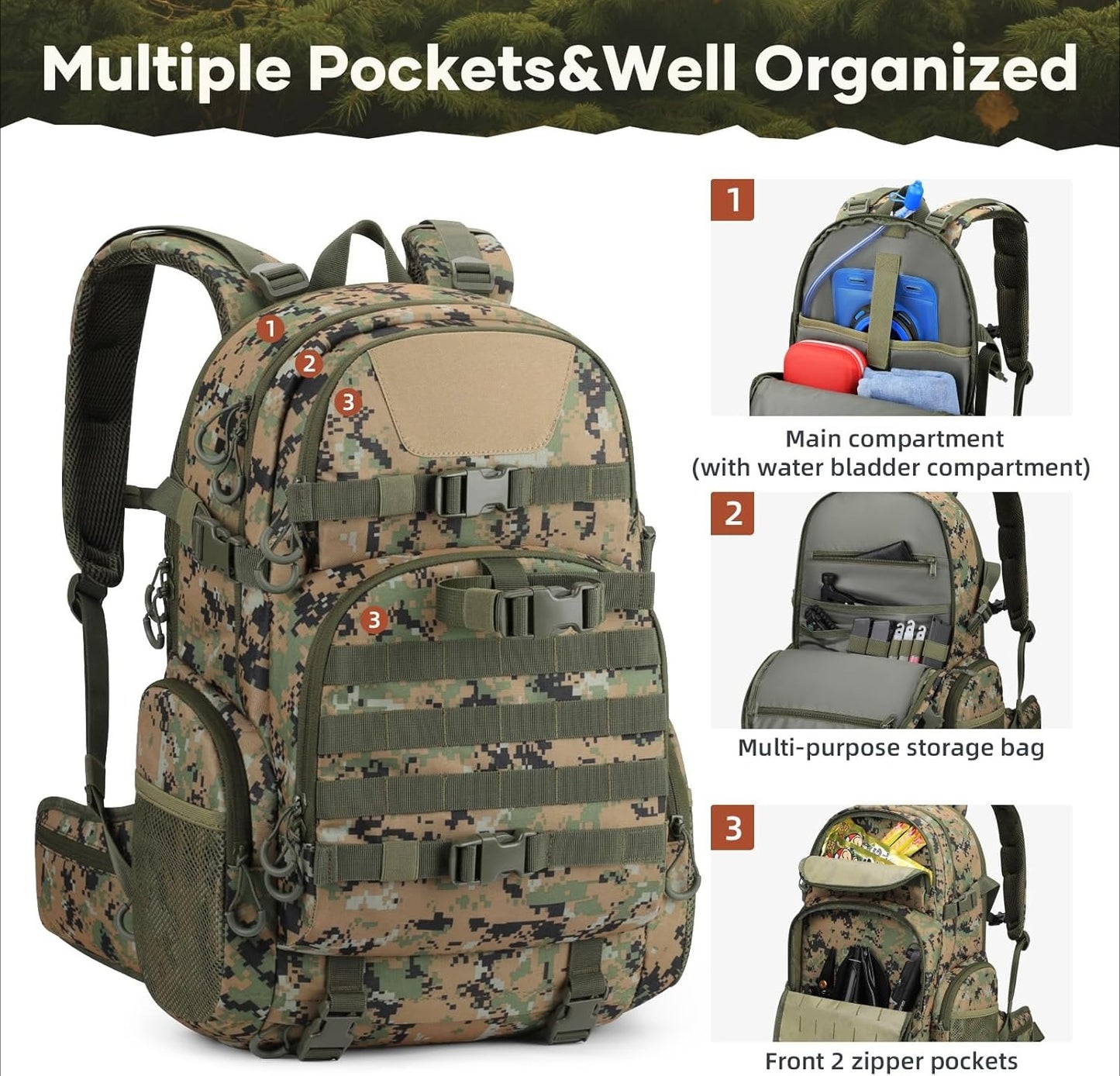 Hunting Backpack for Men Women,  with Rain Cover, Long-Lasting 35L Camo Tactical Day Pack