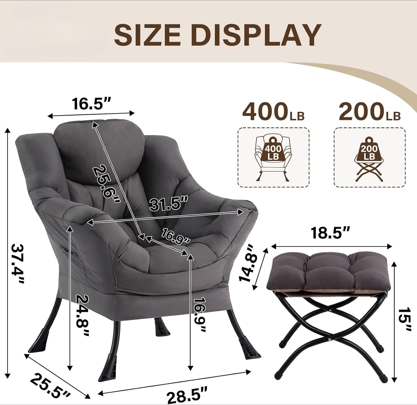 Lazy Lounge Chair with Ottoman and Side Pocket - Modern Accent Armchair with Armrests, Reading and Space Relaxation