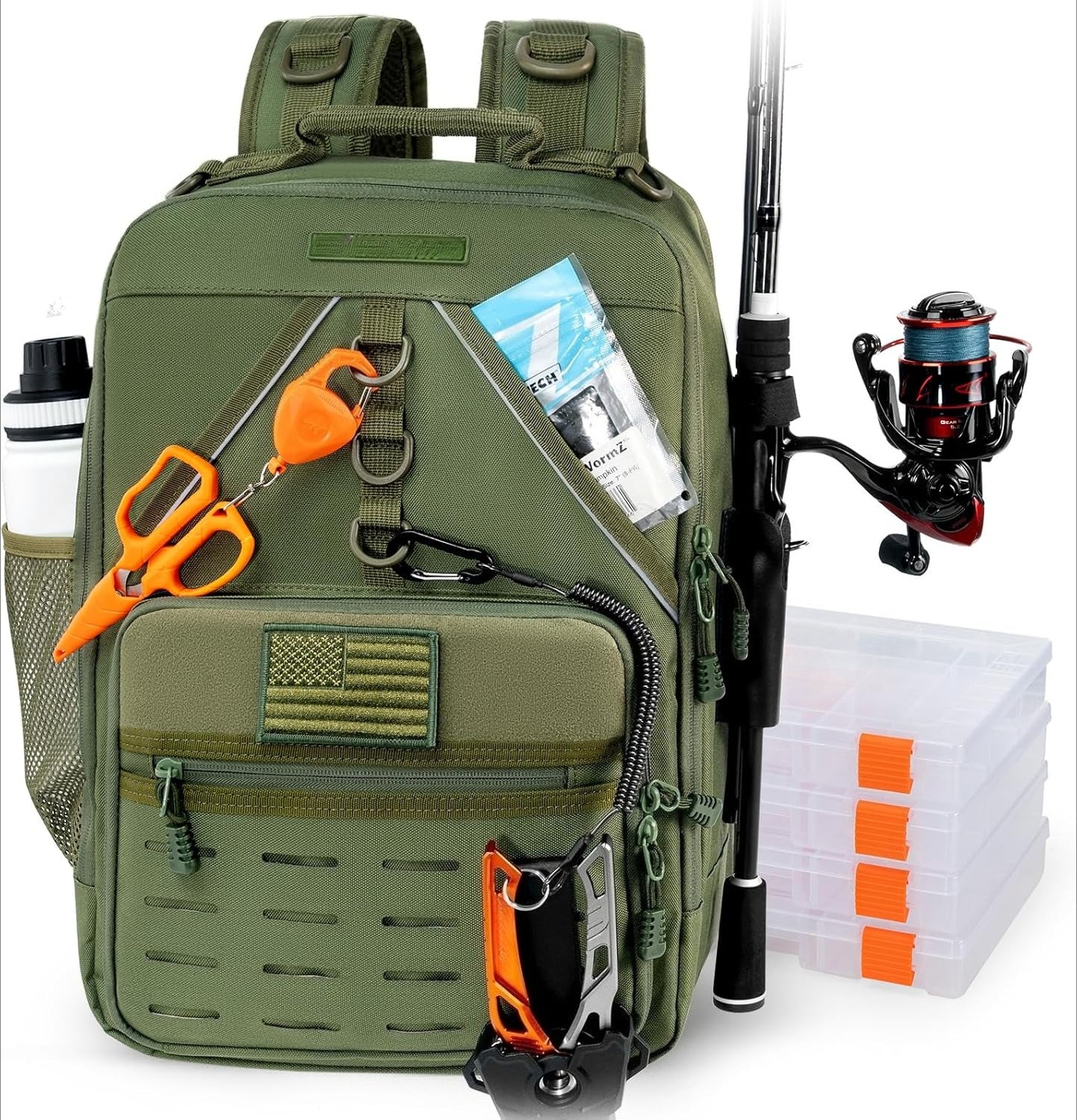 Fishing Tackle Backpack with Rod Holder 4 Tackle Boxes, Storage Fishing Gear and Equipment