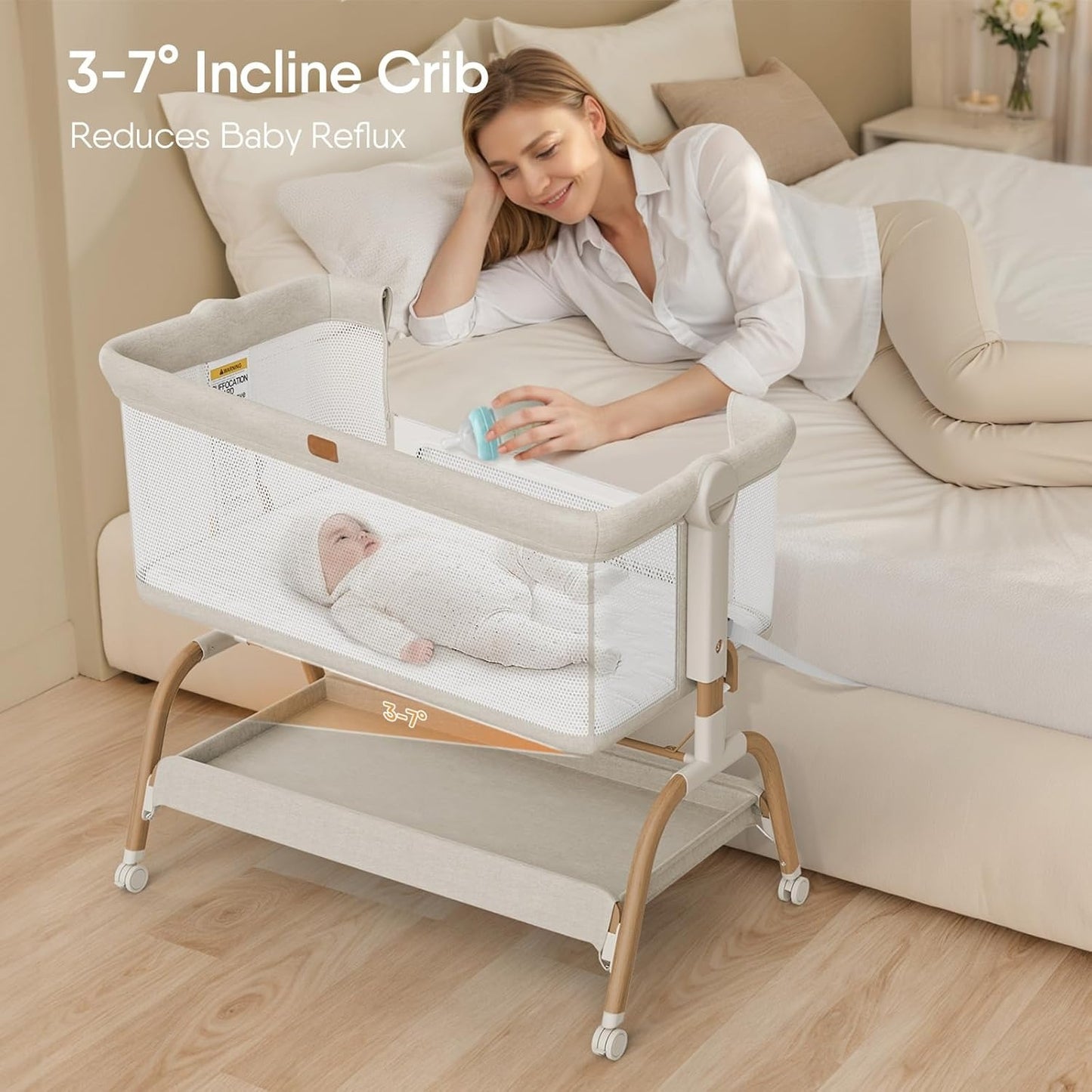 3-in-1 Baby Bassinet Bedside Sleeper with Mattress and Soft, Breathable Sheet, Full-Mesh Sides