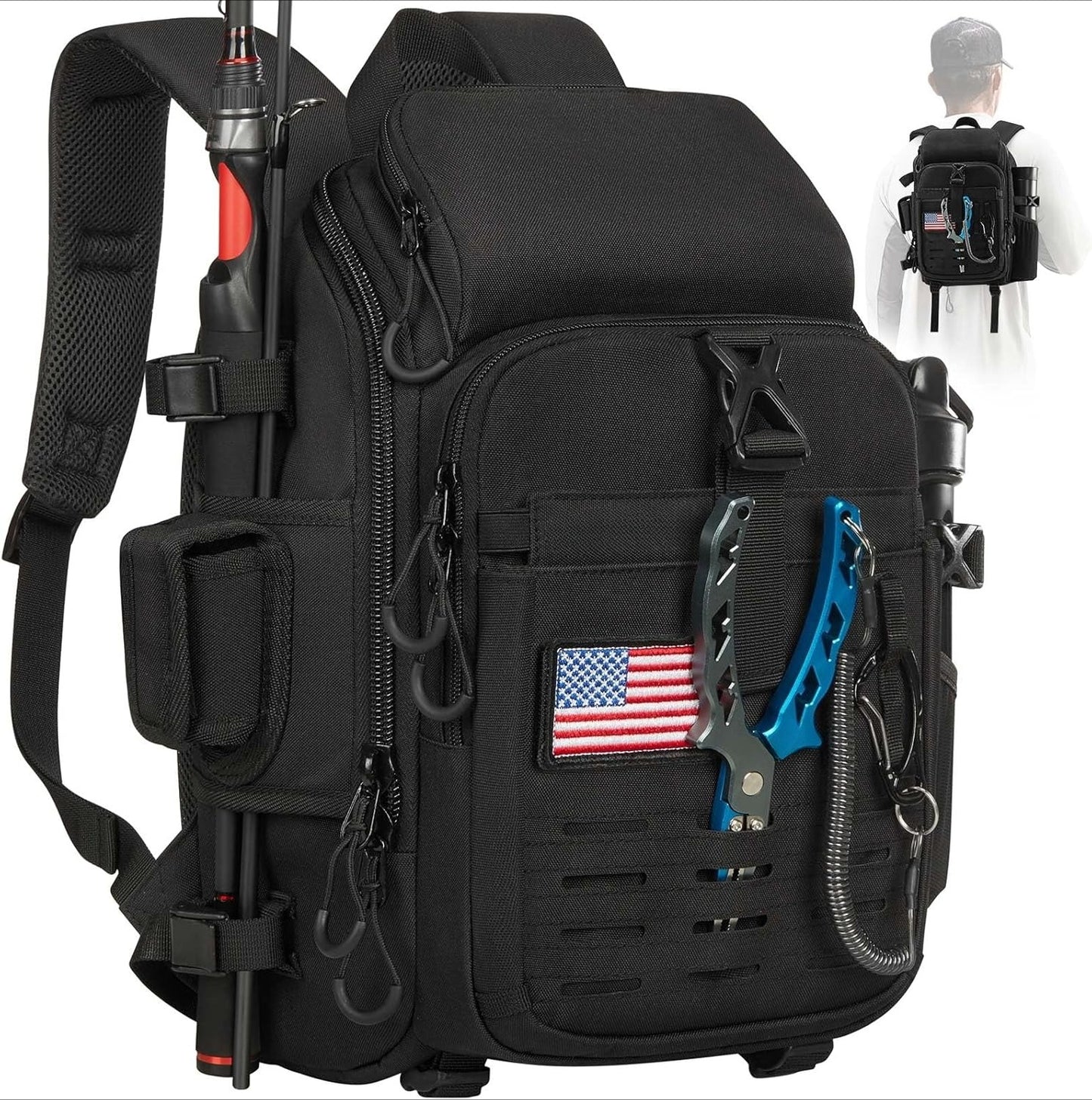 Fishing Tackle Backpack with Rod & Gear Holder, Lightweight Fishing Tackle Storage Bag with Protective Rain Cover