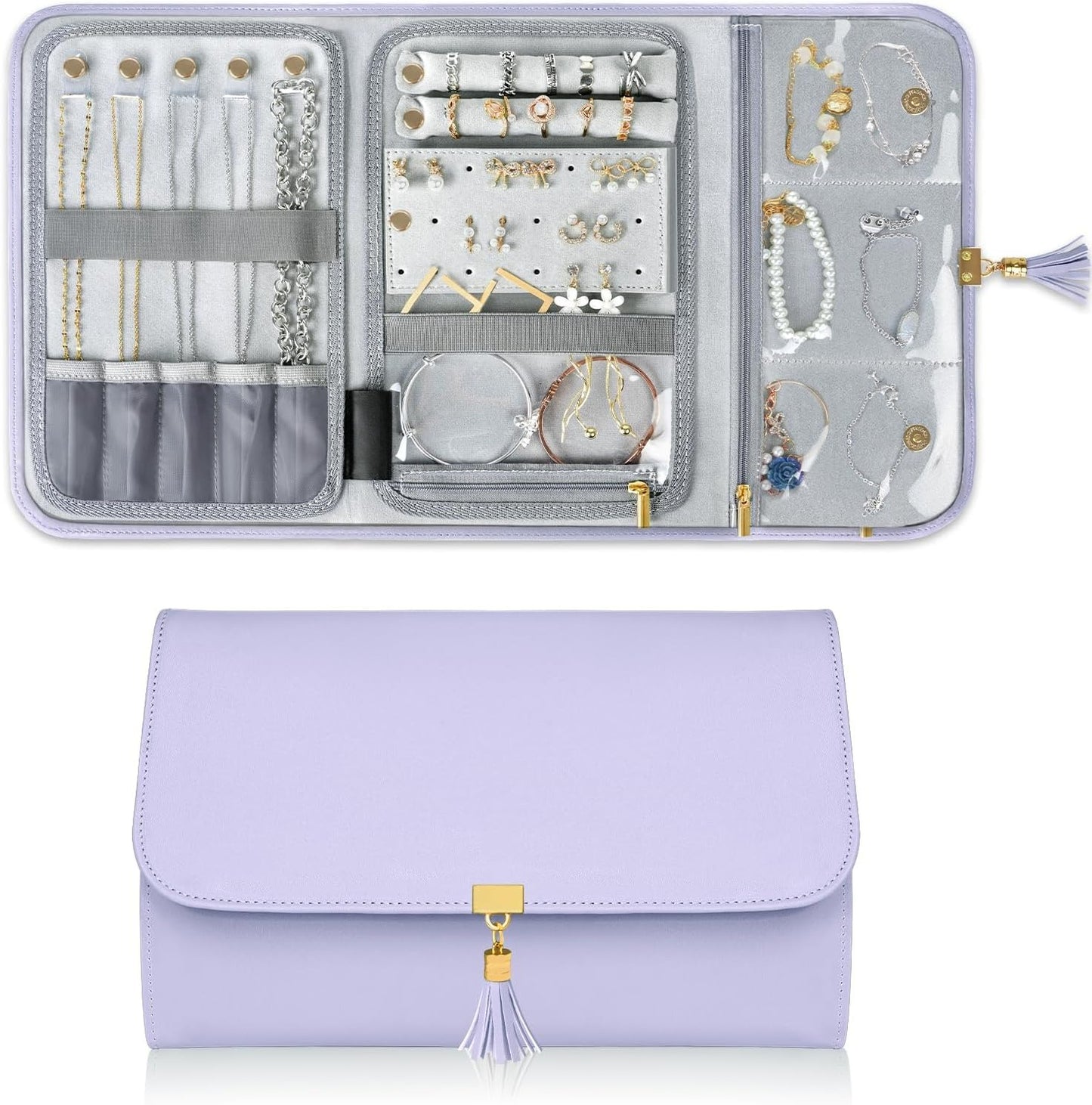 Jewelry Travel Organizer , Portable Leather Jewelry Storage Roll Bag Envelope Clutch