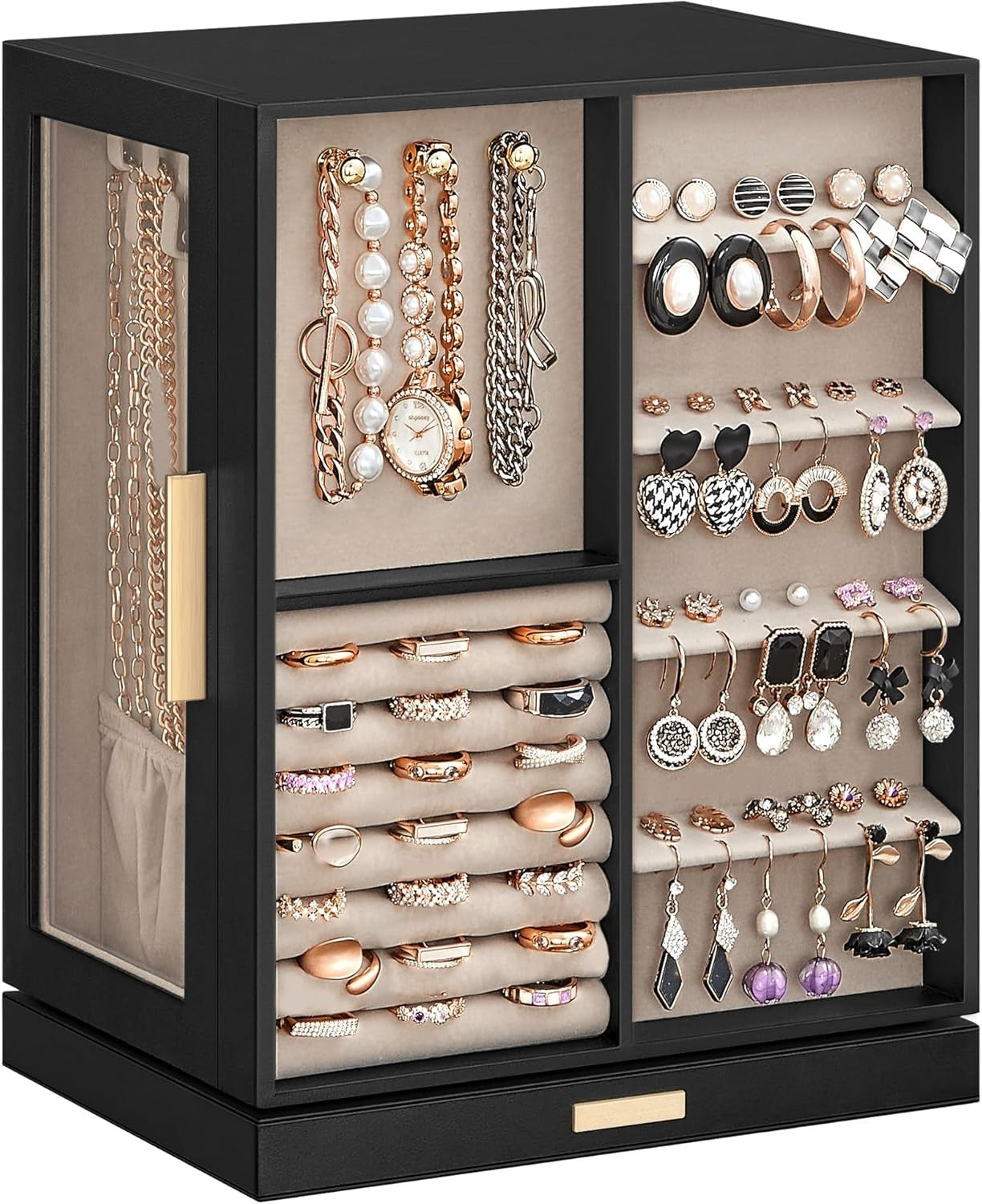 360° Rotating, Jewelry Storage Case with 5 Drawers, Jewelry Organizer, Glass Window