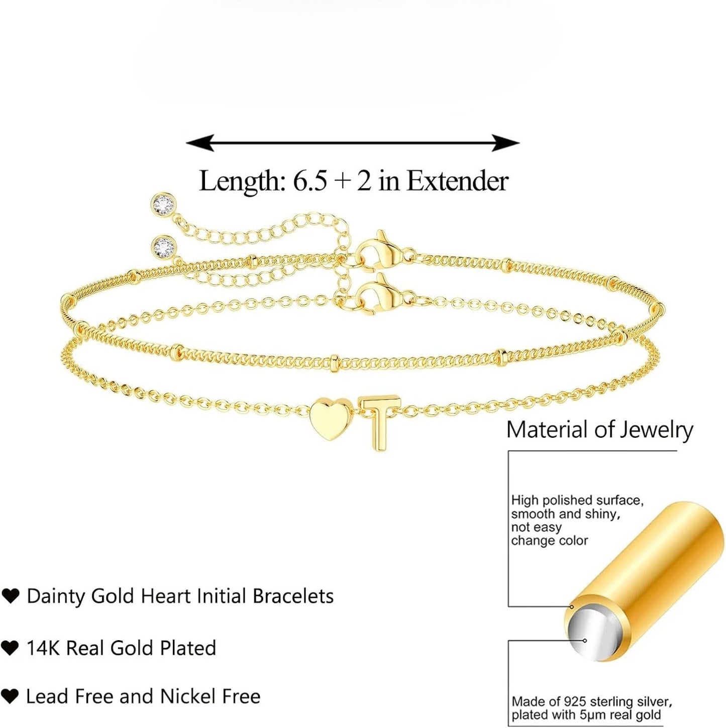 Dainty Initial Heart Gold Bracelets for Women Trendy, 14K Real Gold Letter Charm Bracelet Jewelry