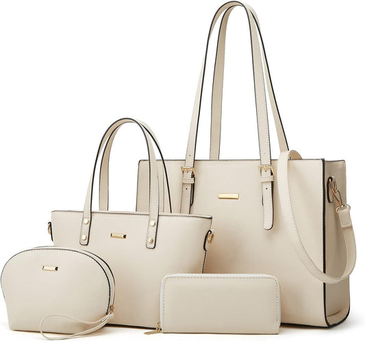4Pcs Women Fashion Synthetic Leather Handbags Tote Bag Shoulder Bag Top Handle Satchel Purse Set