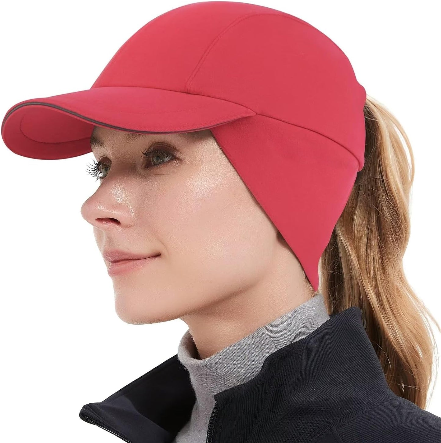 Women's Winter Reflective Fleece Ponytail Hat with Drop Down Ear Warmer