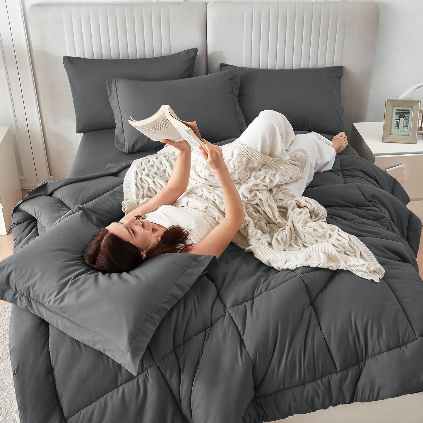 Queen Comforter Set, 7 count Bed in a Bag Queen,  Dark Grey