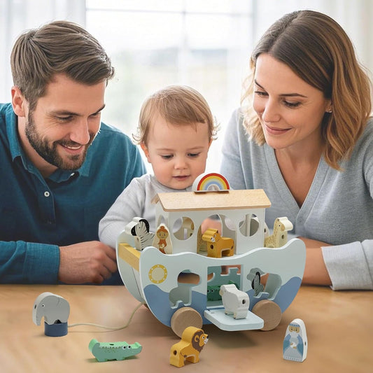 OMOMMD Wooden Noah's Ark Toy for 1 Year Old Baby Boy and Girl Baptism Gift - Neutral Color Montessori Educational Toy with Animal Shape Sorter - Christian Toys for Toddler 1-3 Christmas Birthday Gift