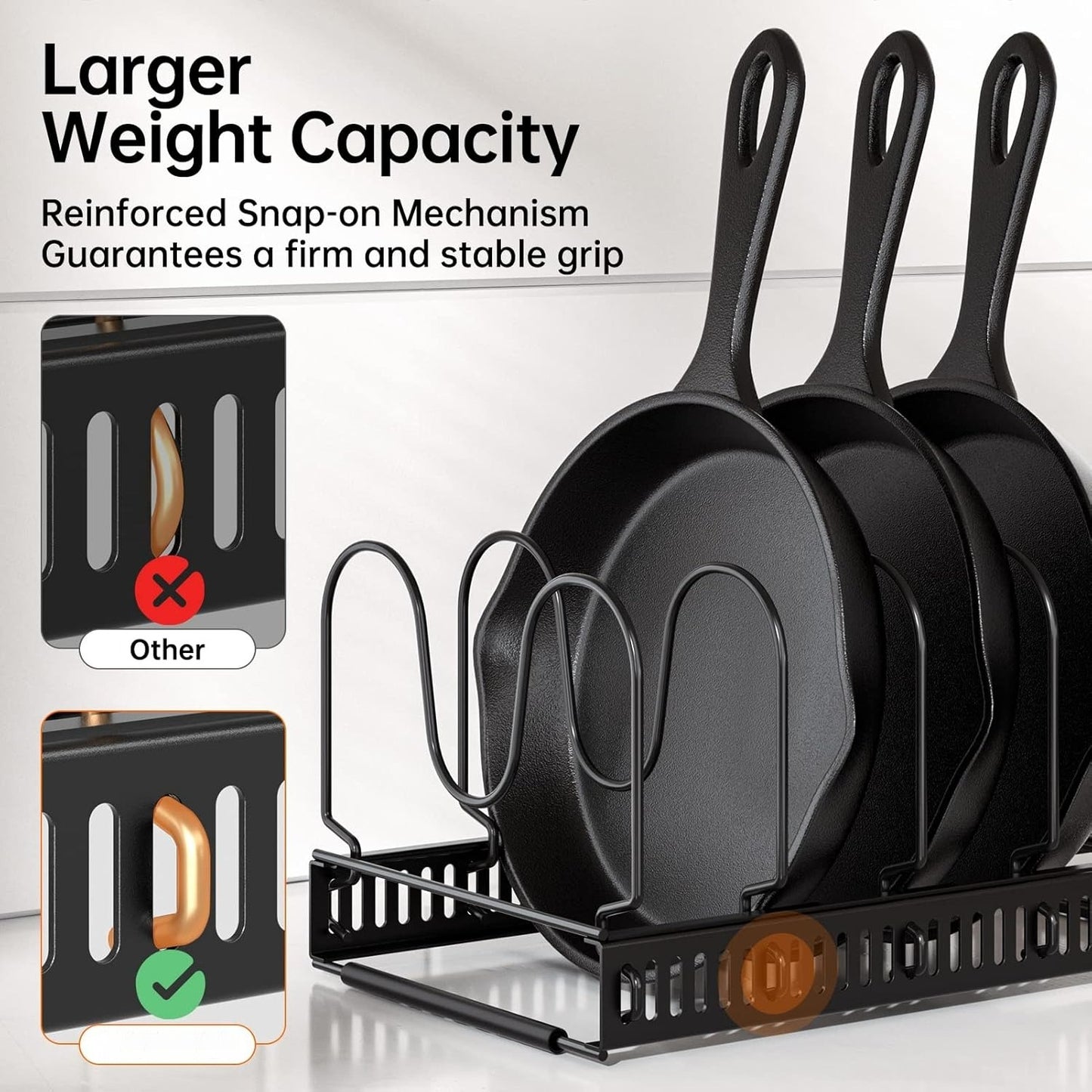 Pots and Pans Organizer Rack for under Cabinet,  Cabinet Organizer Holder with 10 Adjustable