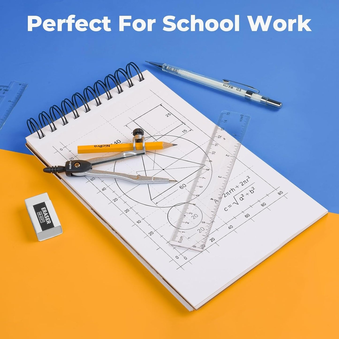 OMOMMD 22 PCS Compass Geometry Tools with Case, Drafting Tools Geometry Set with Swing Arm Protractor, Rulers, Metal Compass, Square Set, Mechanical Pencil, Back to School Supplies for Students