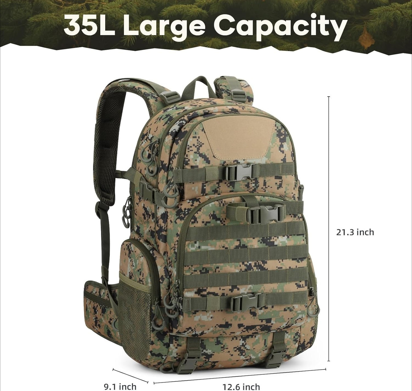 Hunting Backpack for Men Women,  with Rain Cover, Long-Lasting 35L Camo Tactical Day Pack