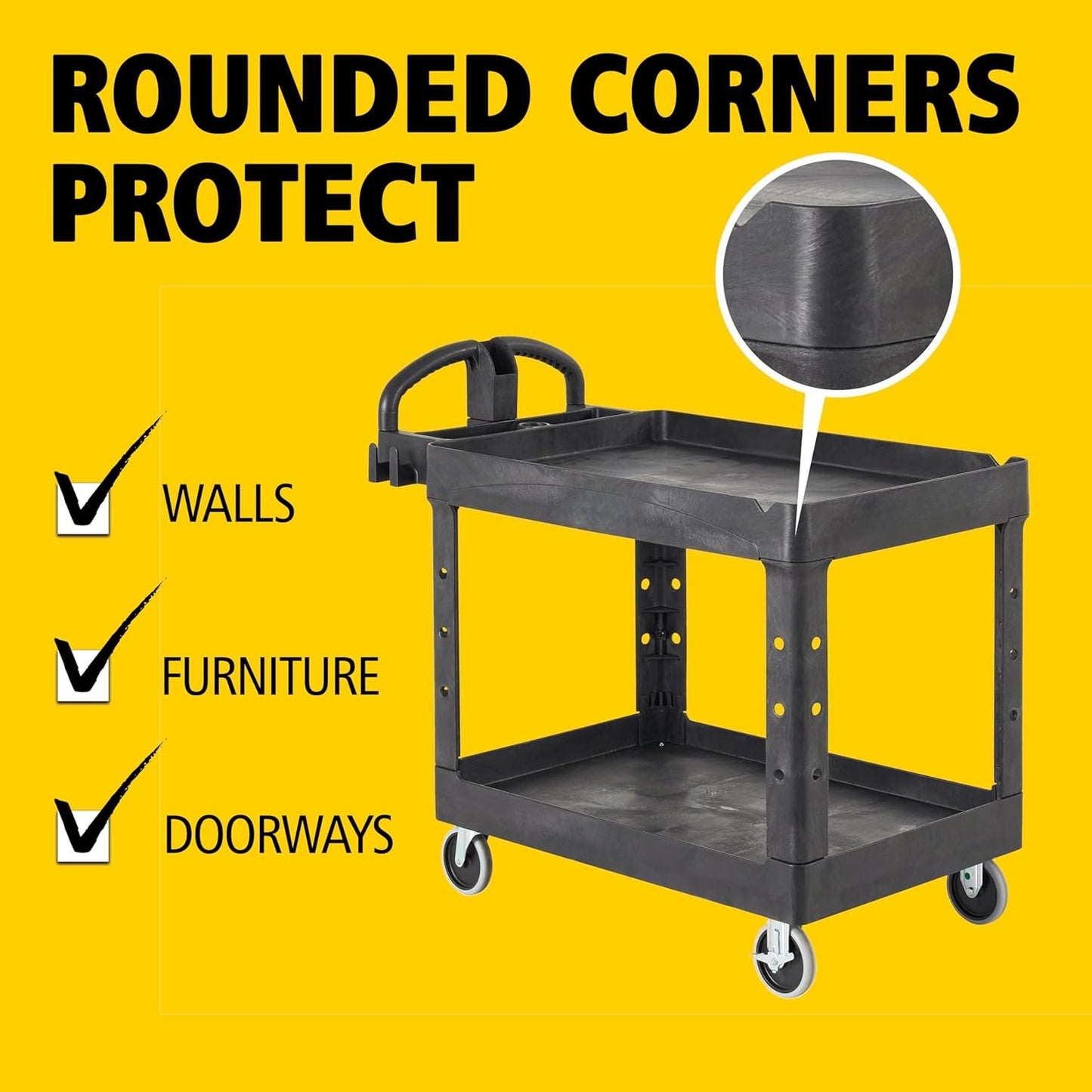 2-Shelf Utility/Service Cart, Medium, Black, Lipped Shelves, Warehouse/Garage/Cleaning
