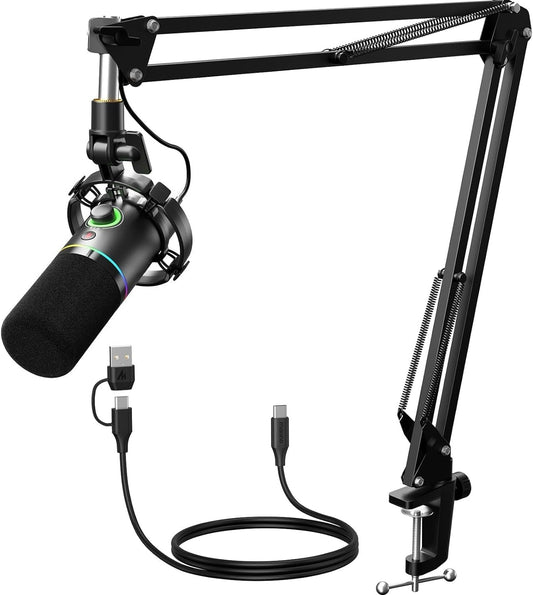 OMOMMD XLR/USB Dynamic Microphone Kit, RGB Podcast Mic with Software, Mute, Gain Knob, Volume Control, Boom Arm for Streaming, Gaming, Voice-Over, Recording-PD200XS Black