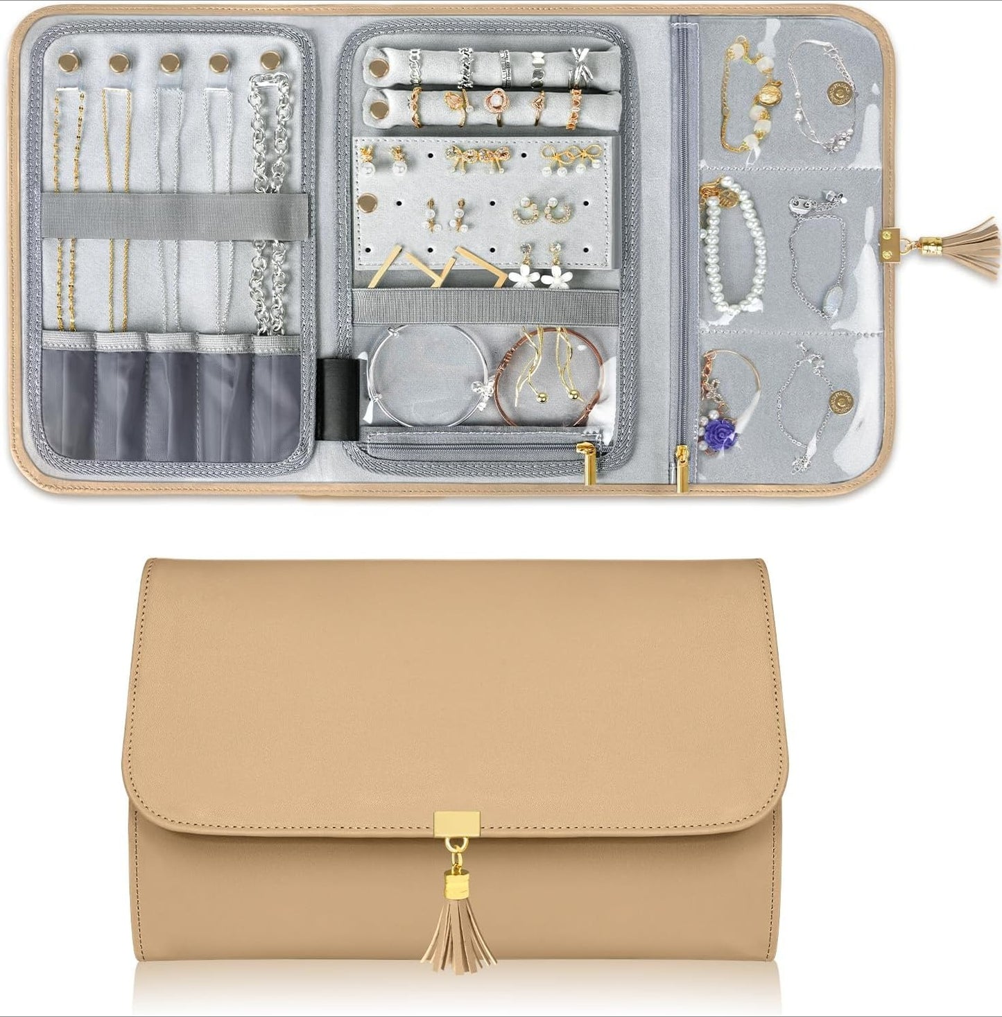 Jewelry Travel Organizer , Portable Leather Jewelry Storage Roll Bag Envelope Clutch