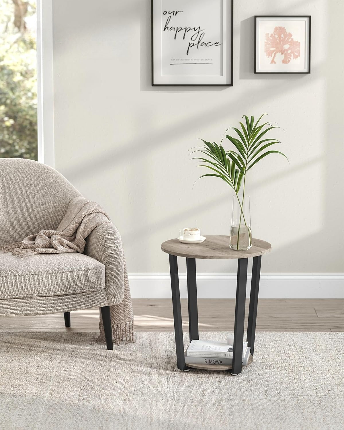 Round Side End Table, 2-Tier Accent Bedside Table with Storage Shelf, Easy Assembly