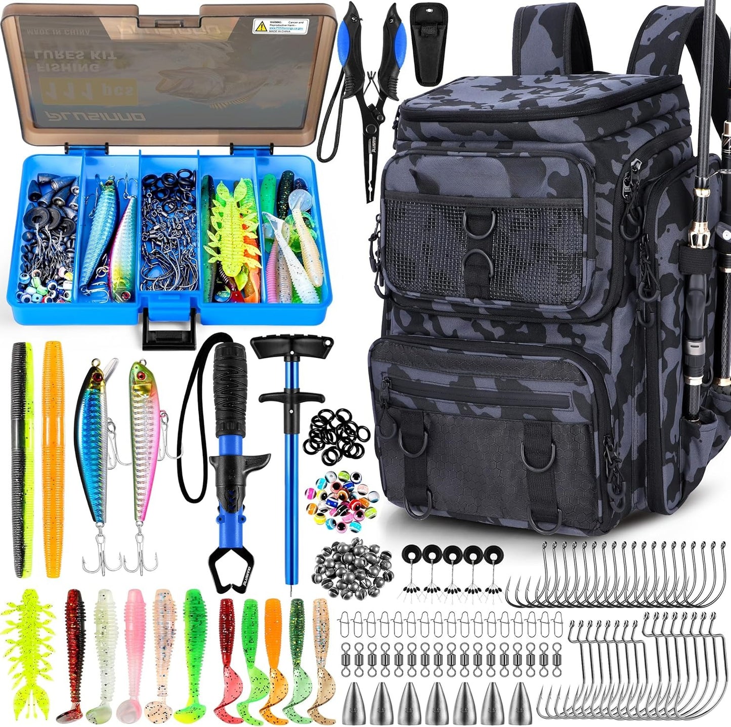 Fishing Backpack with Rod Holders Tackle Box, 42L Large Water-resistant Fishing Tackle Bag Store Fishing Gear