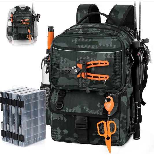 50L Fishing Tackle Backpack with Removable Bait Binder,2 Rod Holders Storage Fishing Gear and Equipment