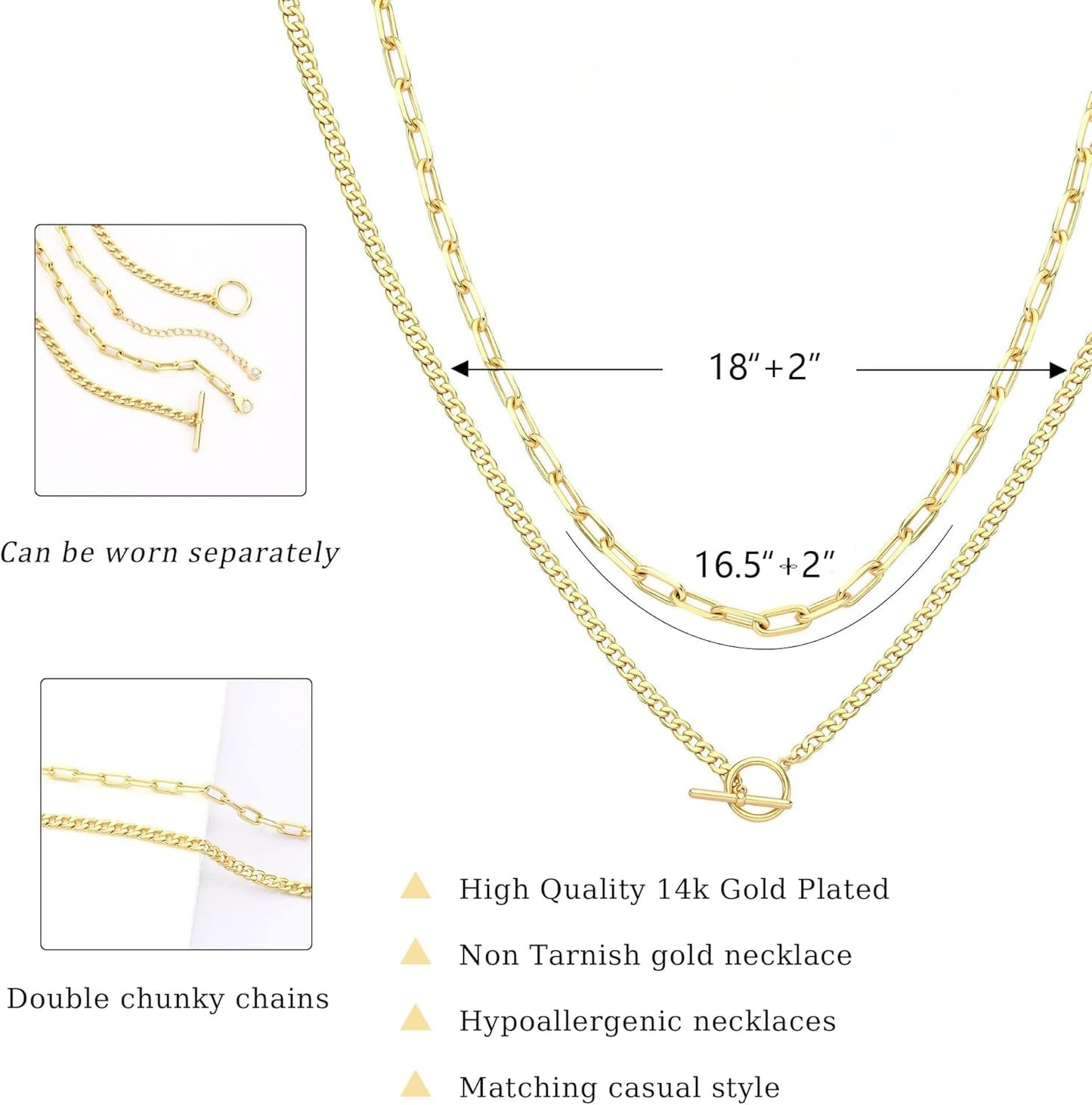 Gold Layered Necklaces for Women,14K Dainty Gold Chain Necklace Women Trendy Cuban Link Chain Toggle Clasp Necklace Fashion Chunky Jewelry for Women