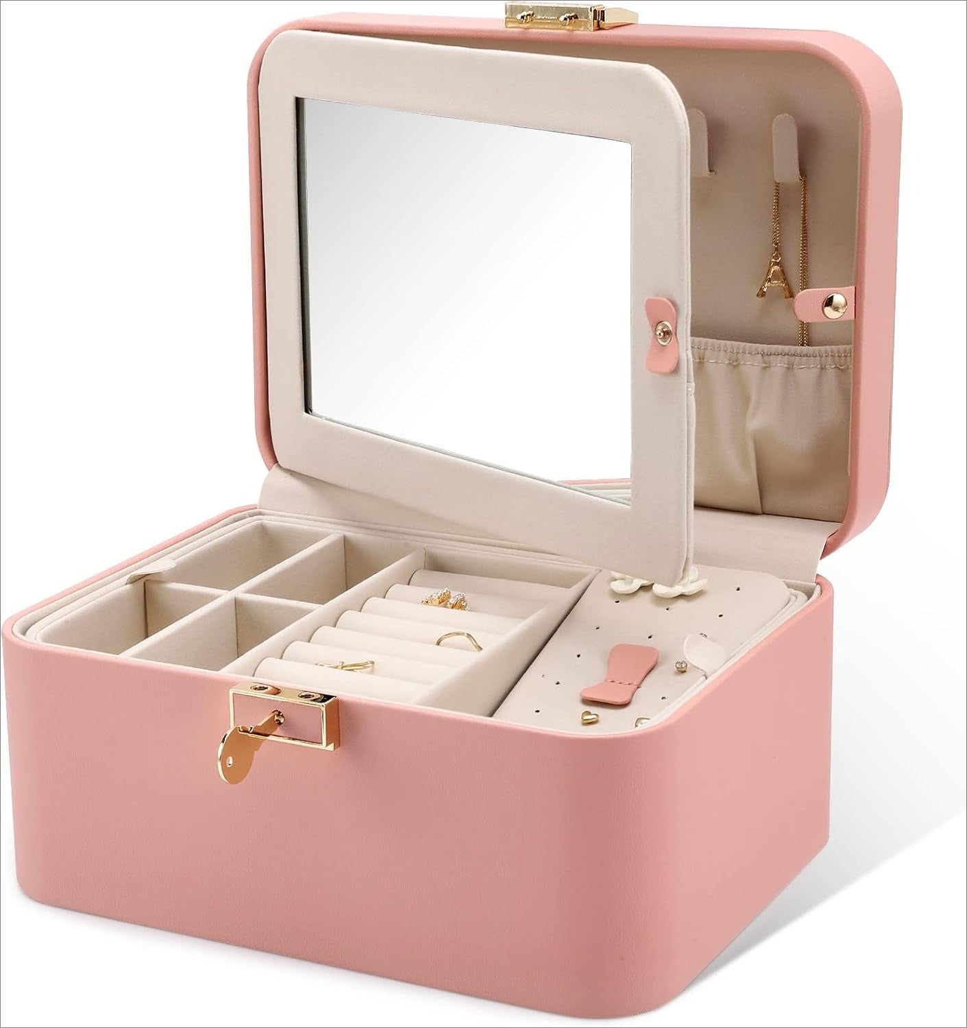 Jewelry Organizer Box, 2 Layers, Large Capacity, Double Lock and Large Mirror, Hidden Necklace Hooks, Removable Dividers