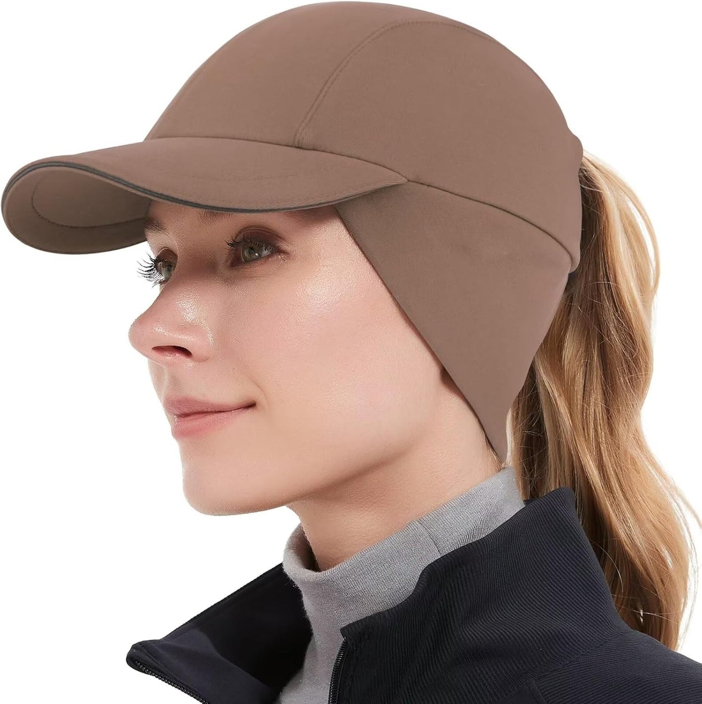 Women's Winter Reflective Fleece Ponytail Hat with Drop Down Ear Warmer