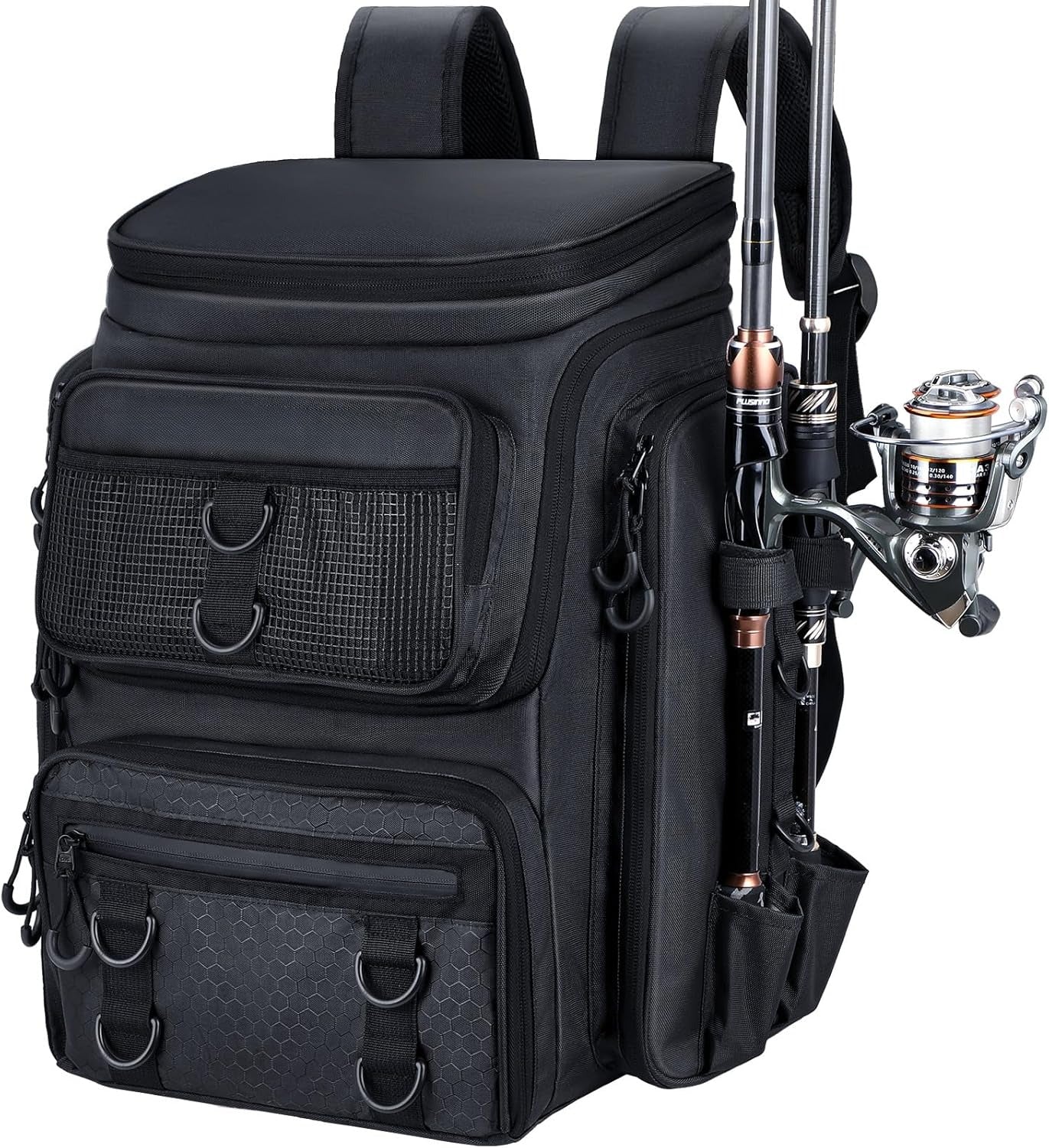 Fishing Backpack with Rod Holders Tackle Box, 42L Large Water-resistant Fishing Tackle Bag Store Fishing Gear