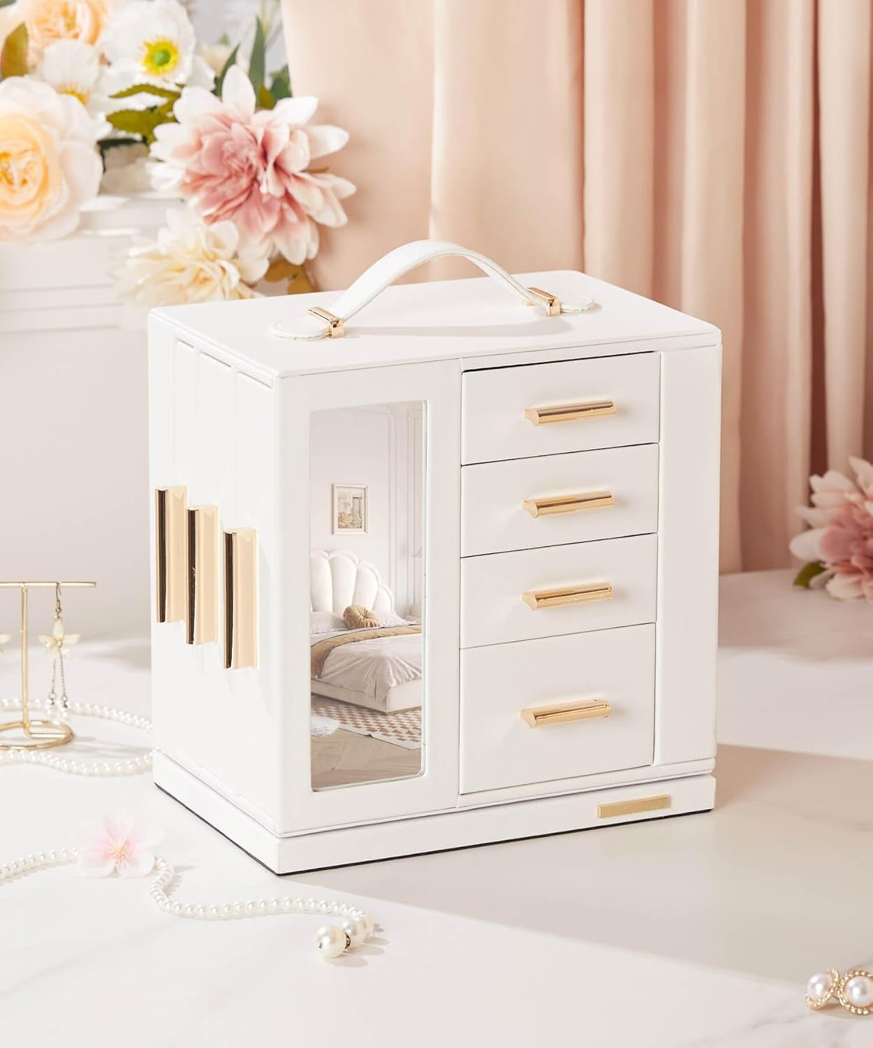 Jewelry Box 360° Rotating, Necklace Earring Organizer with Transparent Window, Mirror, 7 Drawers