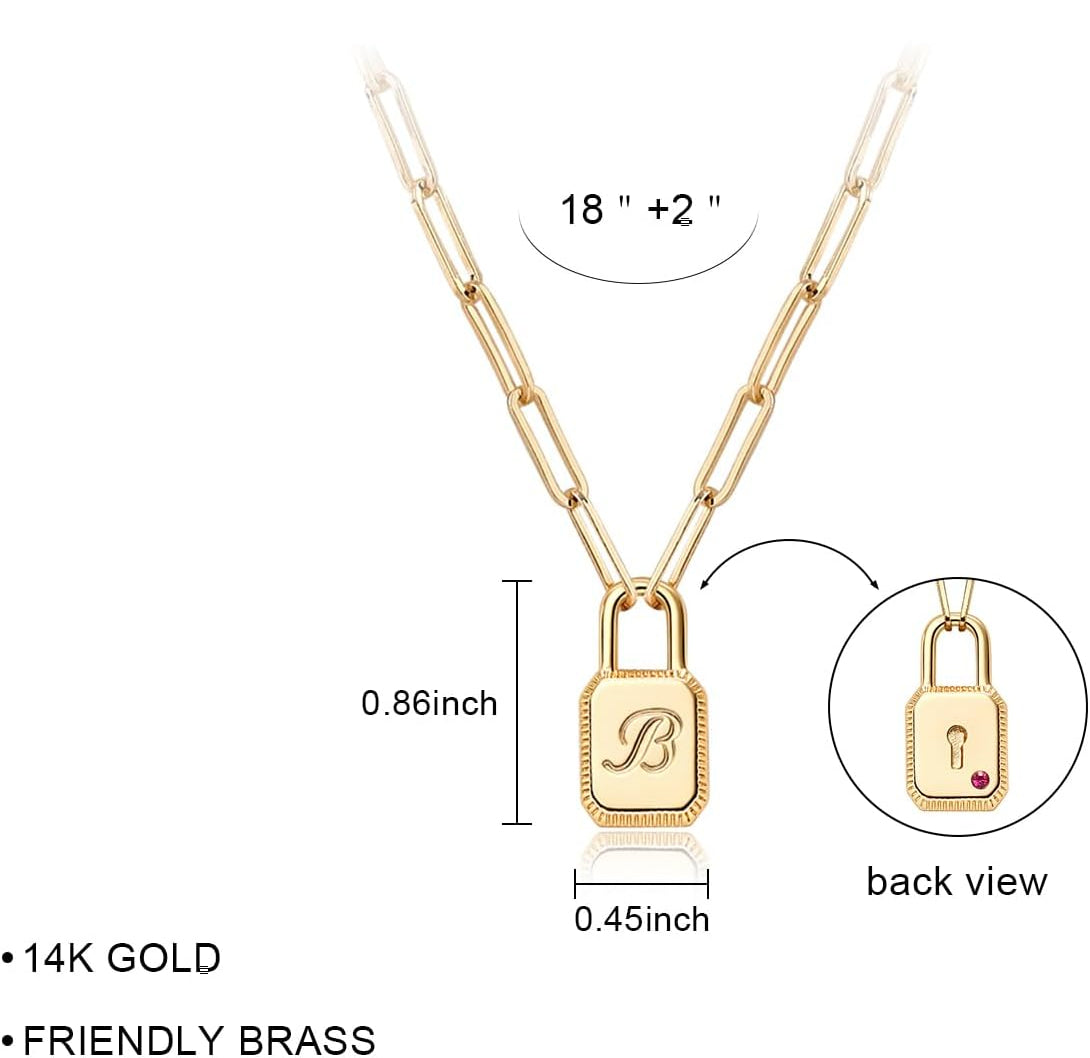 Lock Necklace, 14K Gold Plated Adjustable Paperclip Chain Dainty Lock Pendant Necklace Personalized Engraved Letter Jewelry for Women
