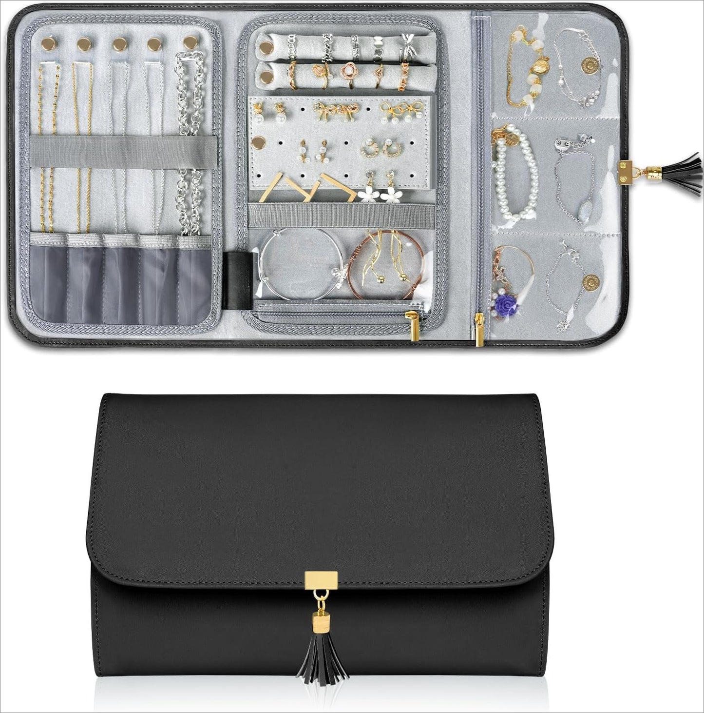 Jewelry Travel Organizer , Portable Leather Jewelry Storage Roll Bag Envelope Clutch