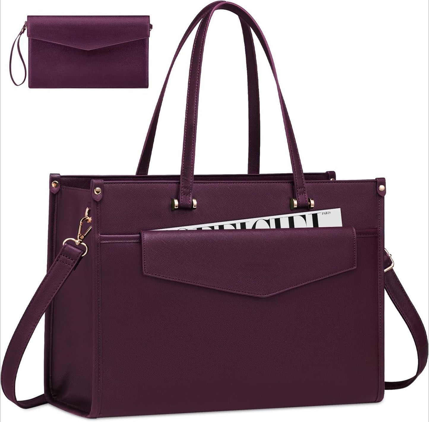 15.6'' Laptop Tote Purse 2-in-1 Professional Business Briefcase with Clutch Purse, Waterproof Leather