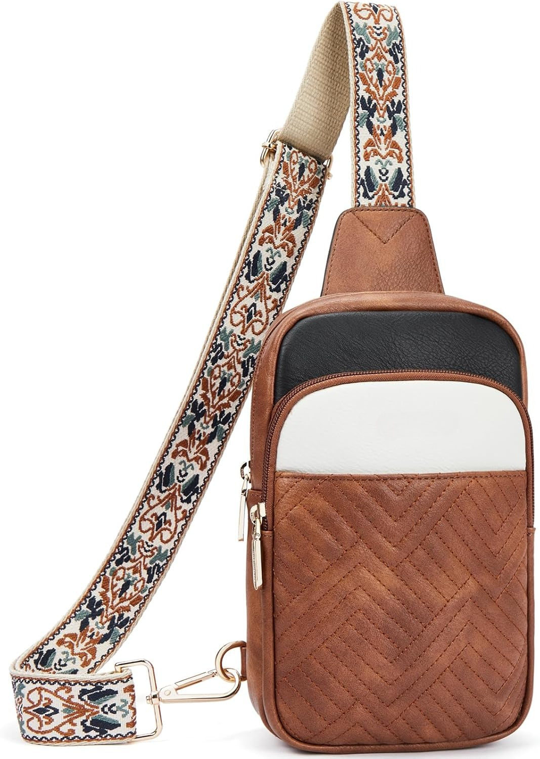 Sling Bag Quilted Crossbody Bags for Women Cross Body Purse Leather Fanny Pack with Adjustable Guitar Strap