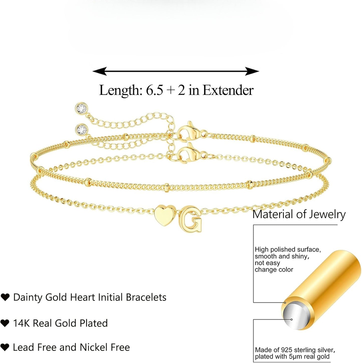 Dainty Initial Heart Gold Bracelets for Women Trendy, 14K Real Gold Letter Charm Bracelet Jewelry