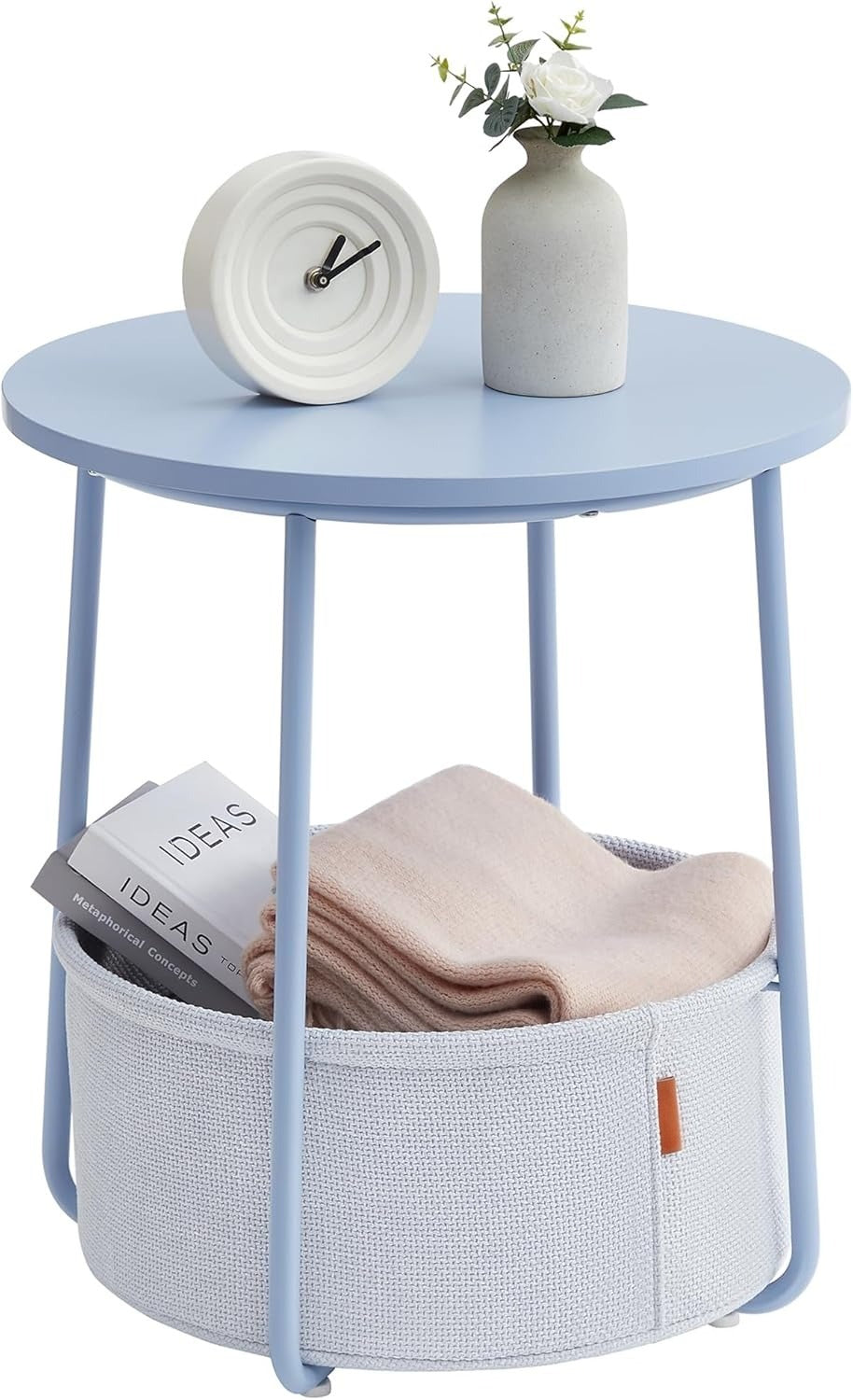 Small Round Side End Table, Modern Nightstand with Fabric Basket