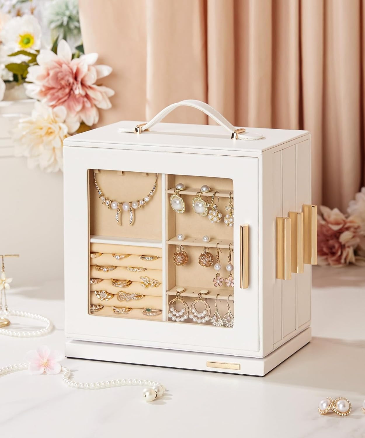 Jewelry Box 360° Rotating, Necklace Earring Organizer with Transparent Window, Mirror, 7 Drawers