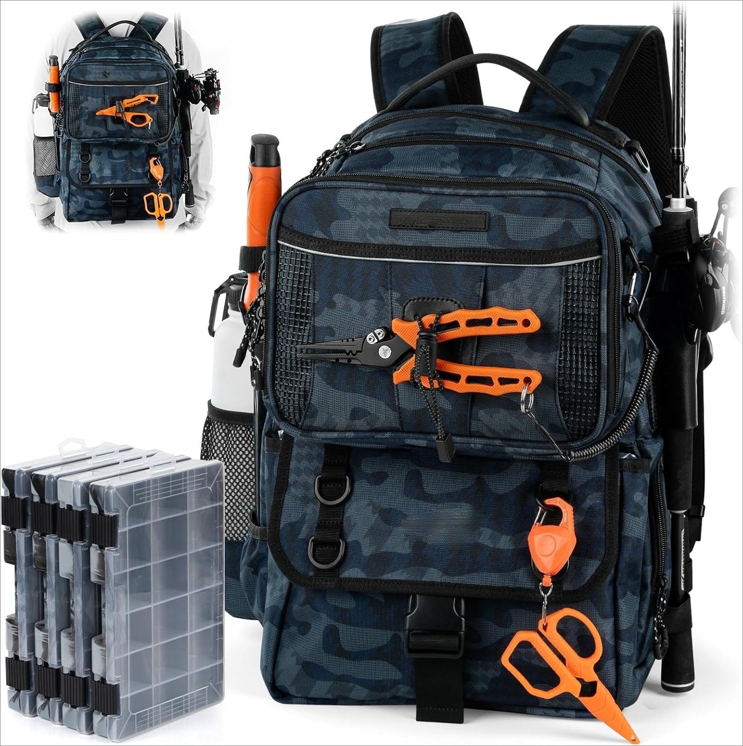 50L Fishing Tackle Backpack with Removable Bait Binder,2 Rod Holders Storage Fishing Gear and Equipment
