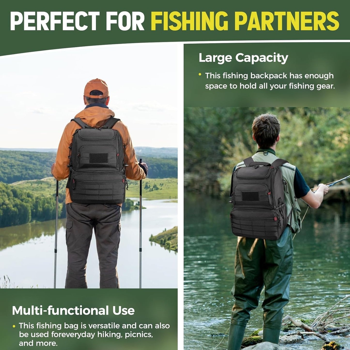 Fishing Backpack Tackle Box, Water Resistant Tackle Backpack Fishing Bags with Cooler & Rod Holders