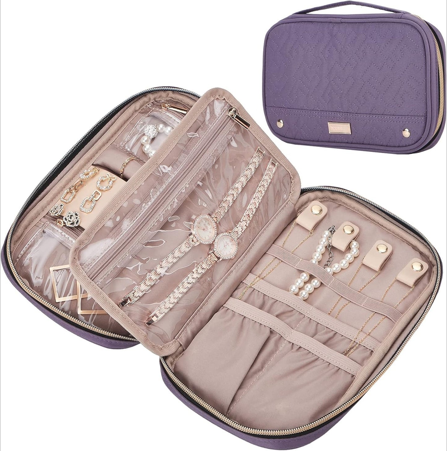 Travel Jewelry Case, Holiday Organizer for Necklaces, Earrings, Rings, Bracelets, Watch, Pink