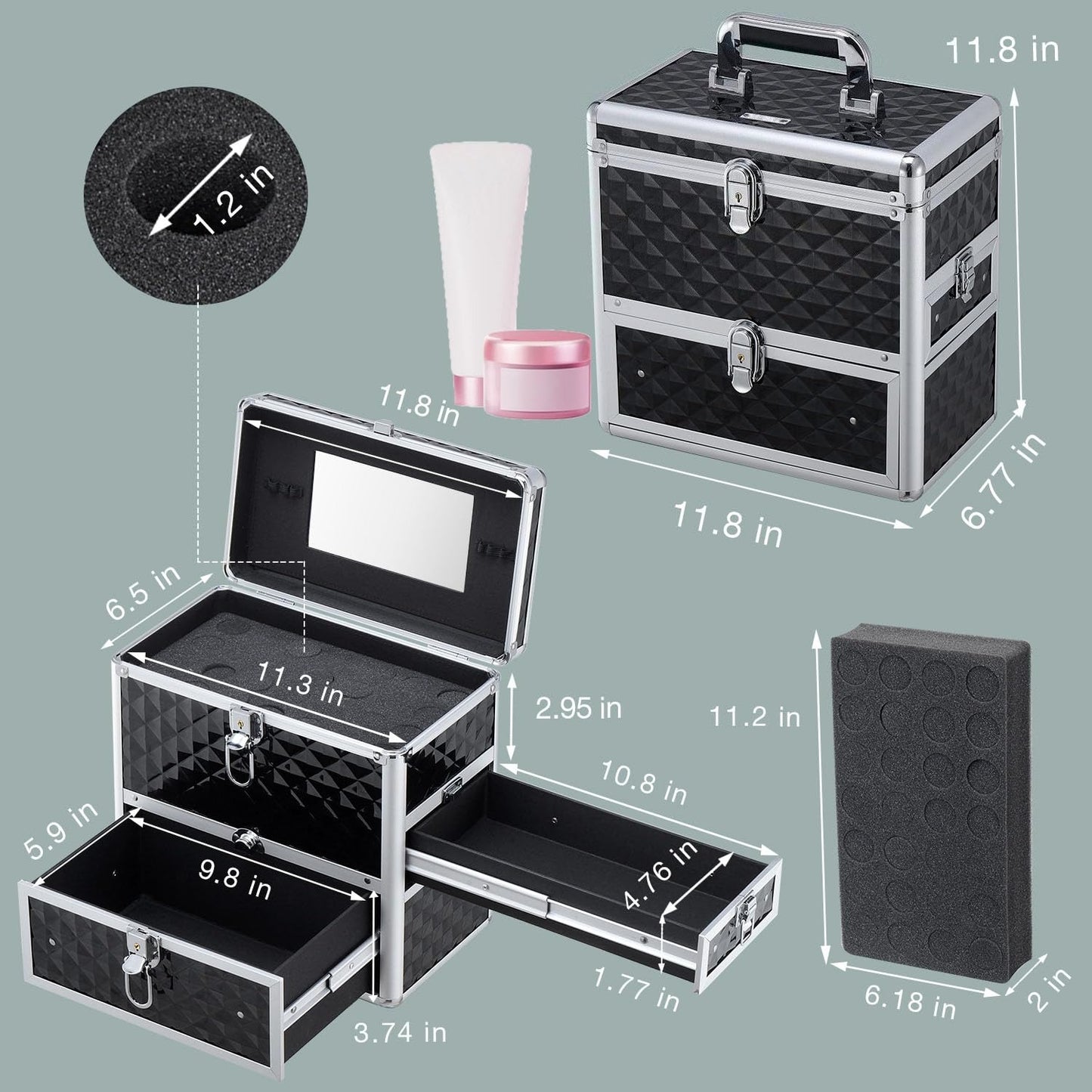 Nail Polish Makeup Case with Drawer and Dividers Manicure  Makeup Box With Mirror Lockable Keys Box