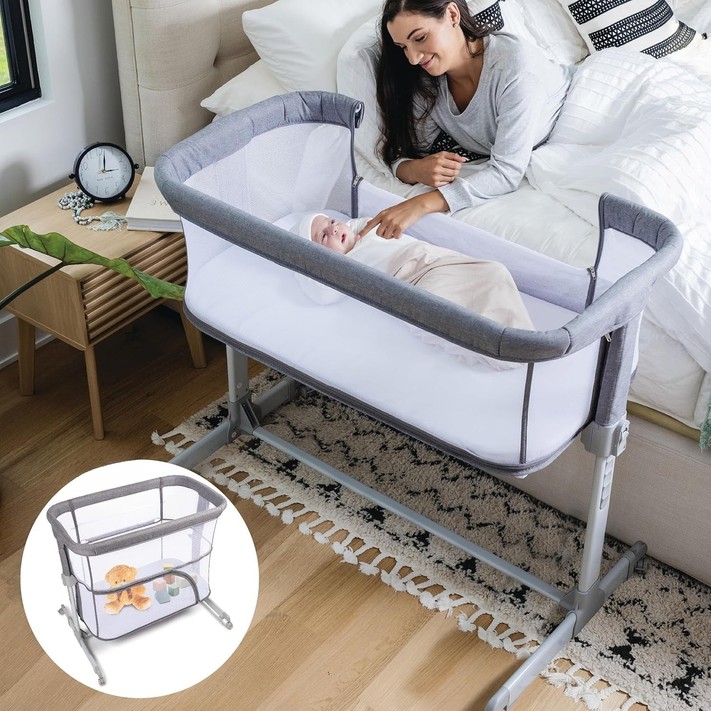 3 in 1 Bassinet, Bedside Sleeper, & Playpen, Easy Folding Portable Crib (Grey)