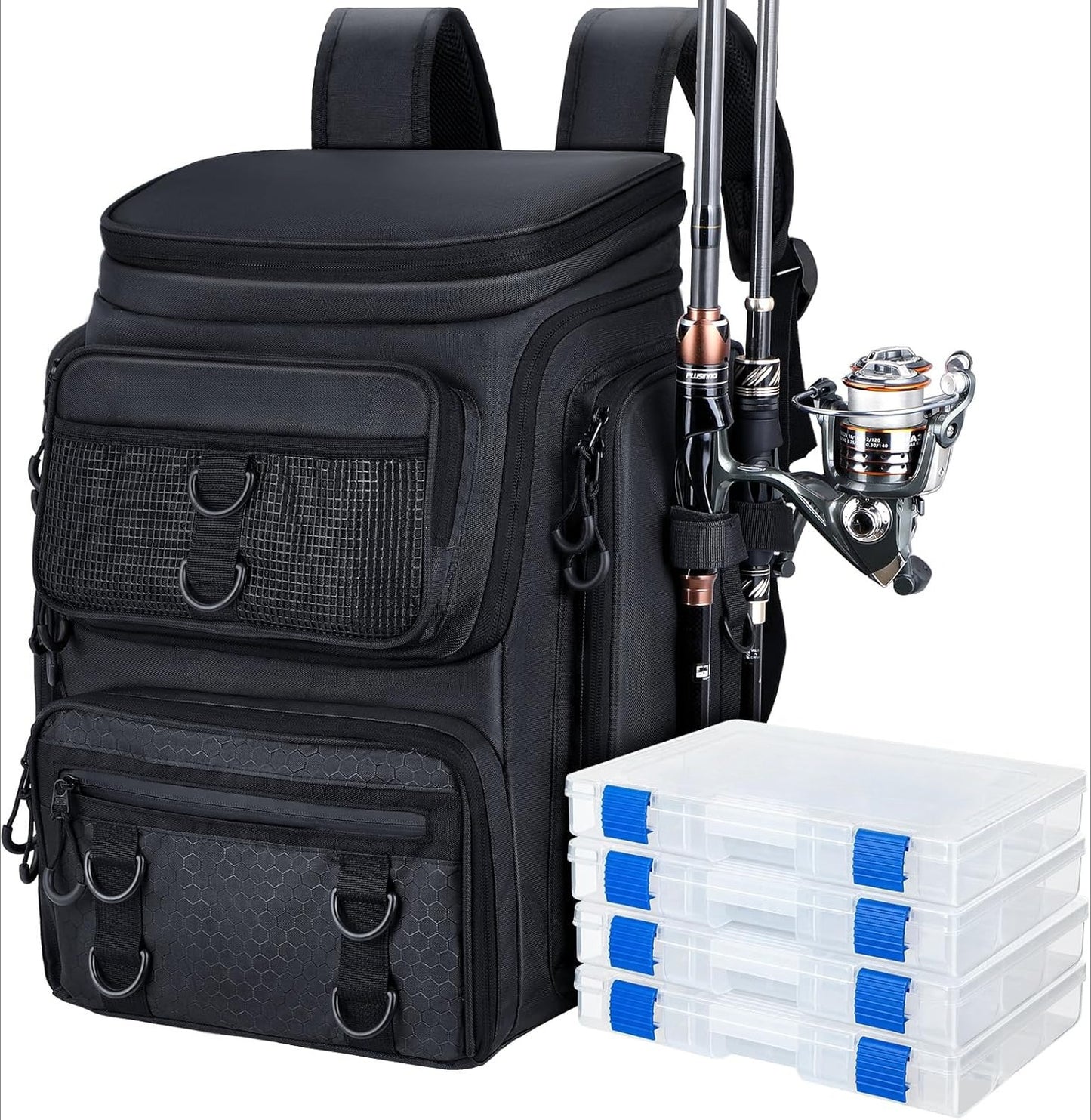 Fishing Backpack with Rod Holders Tackle Box, 42L Large Water-resistant Fishing Tackle Bag Store Fishing Gear