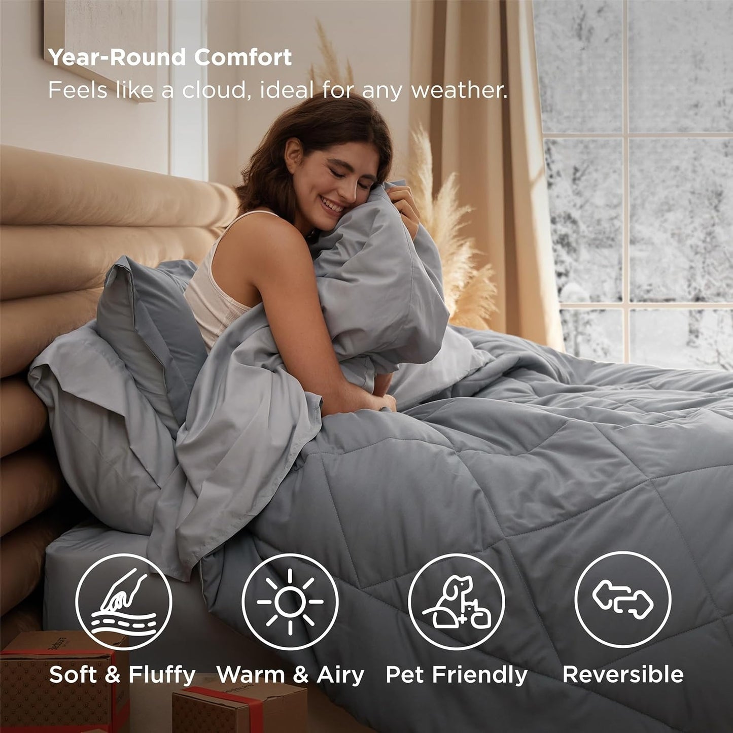 Queen Comforter Set - 7 count Reversible Grey Bedding, Queen Size Bed Set for All Seasonsz