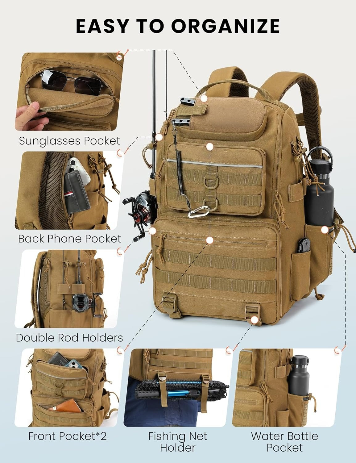 Tackle Backpack Fishing Bags with Rod Holder, 40L Water-Resistant Tackle Box Storage Bag