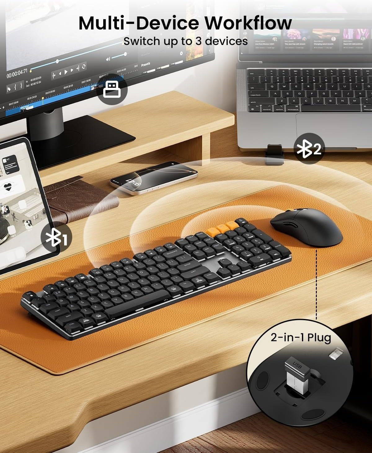 OMOMMD KM310 Mechanical Keyboard and Mouse, Wireless Rechargeable Aluminum Keyboard Mouse, 2.4G+Dual Bluetooth, Low Profile Keys, Linear Red Switches, Multi-Device, for Windows/Mac - Space Gray