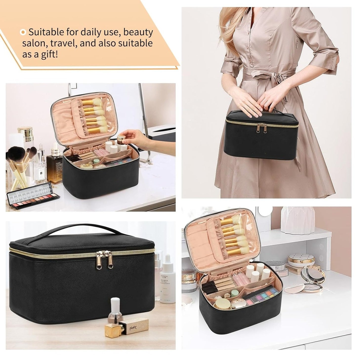 Makeup Bag, Portable Cosmetic Bag,  Makeup Case Organizer,  With Handle and Divider