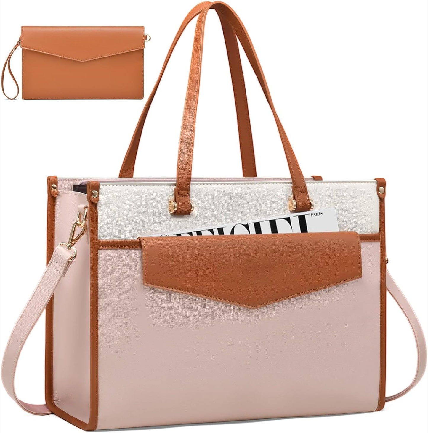 15.6'' Laptop Tote Purse 2-in-1 Professional Business Briefcase with Clutch Purse, Waterproof Leather