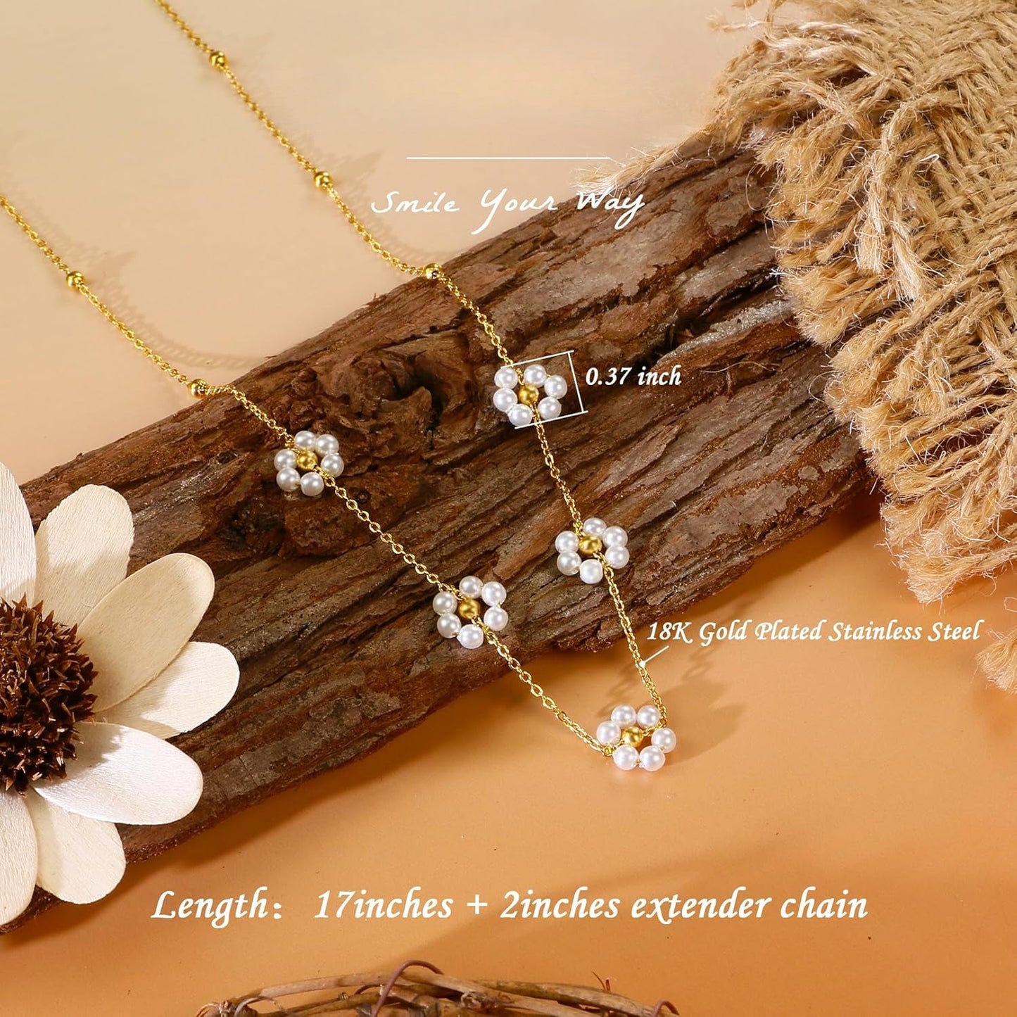 Daisy Pearl Necklace, Dainty Pearl Choker Necklace As Flower Necklace Gift, 18K Gold Plated Summer Merch As Birthday Gifts for Her Daisy Costume Gift